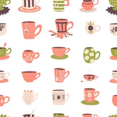 Hand drawn seamless pattern with tea cups on white background.