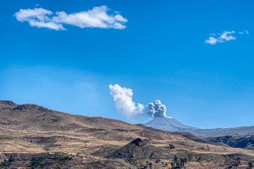 Eruption of the volcano Sabancaya (meaning ‘tongue of fire’ or ‘spitting volcano’ in...