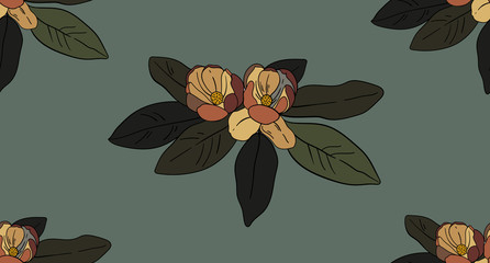 Vector floral pattern.Illustration of magnolia on green background.Vector illustration for greeting card,invitation,design,brochure,poster,banner,flyer,print,wrapping paper,textiles and websites. © Olena