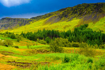 Beautiful Iceland highlands with moss-covered volcano formations