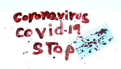 Close up Blood drop message Coronavirus Covid-19 Stop, Blood pathogens on Mask white background..