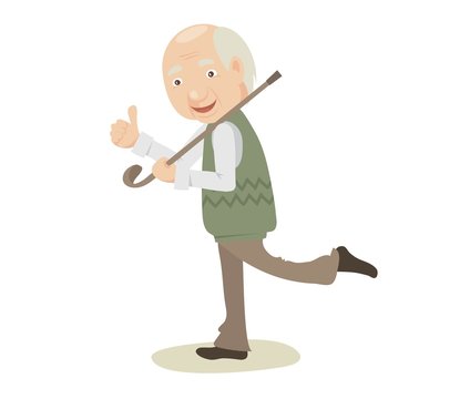 Cheerful grandfather feels healthy. Elderly men shows an approving gesture, vector illustration.	