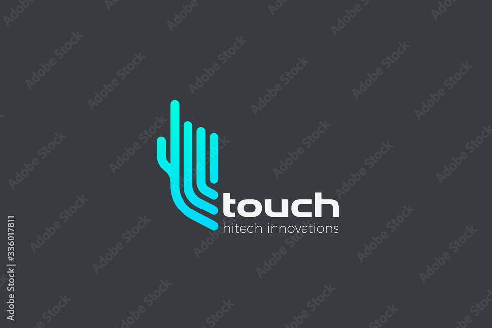 Poster hand touch finger logo click press touchscreen app vector design template linear outline style.