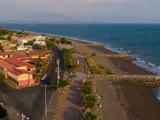 Beautiful aerial view of the city of Puntarenas and the Paseo de los turistas at the sunset in Costa Rica