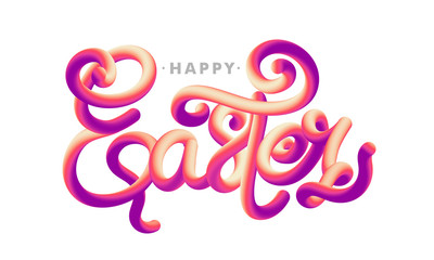 Calligraphy 3d text on happy easter. Festival of christians, celebrate after 3rd day of good friday resurrection of Jesus from the dead.