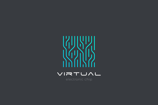 Chip Digital Logo abstract Artificial Intelligence AI vector design Linear Outline style. Electronics Circuit Square shape Logotype icon.
