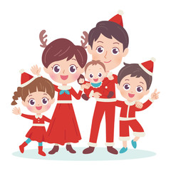 .Illustration of a family of five enjoying wearing Santa Claus costume