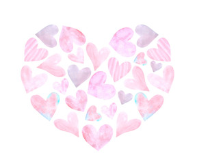Large background Heart of small watercolor hearts. Hand drawn. Love romance theme for birthday, Valentine's day, greeting card, wedding, wrapping paper
