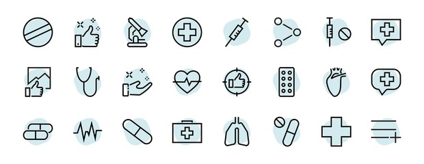 Simple Set of Medicine, Pills Related Vector Line Icons. Contains icons such as Pain, Syringe, tablet and more. Editable stroke. 480x480 pixels perfect, on a white background