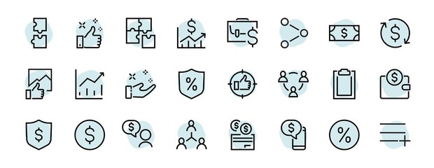 Set of business vector line icons. It contains user symbols, dollar pictograms, gears, briefcase, puzzles, envelope, percentage, messages, schedule, and more. Editable Bar 460x460 pixels.