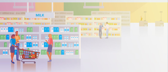 People shopping in Supermarket Store Shop Mall Flat vector illustration. Couple Man and Woman buying products food with shopping cart walking near Fruits and Vegetables.