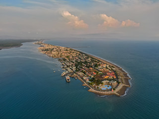 Beautiful aerial view of the city of Puntarenas and the Paseo de los turistas at the sunset in Costa Rica