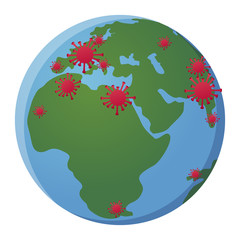 Vector illustration with Earth planet and red virus COVID-19 or coronavirus. 2019-nCoV. Novel coronavirus pandemic. Flat vector modern design