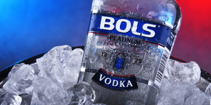 Bottle of Bols vodka in a bucket with crushed ice