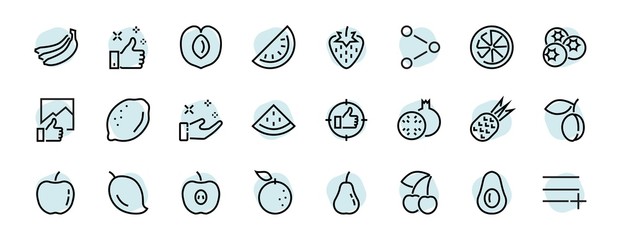 Fruit Icon Set, Vector lines, Contains icons such as apple, banana, cherry, lemon, watermelon, Avocado Editable stroke, 48x48 pixels, White background, eps 10