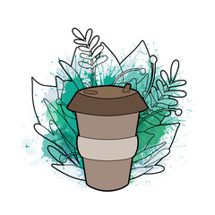 Zero waste items with green leaves. Outline illustration of bamboo coffee cup with foliage and green watercolor splash and spray. Vector element for greeting card, banner and your creativity.