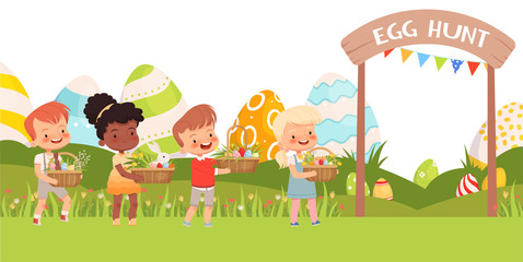 Little cute children carry Easter baskets with colored eggs and first flowers. Banner for the children's game egg hunt. Spring Easter holiday