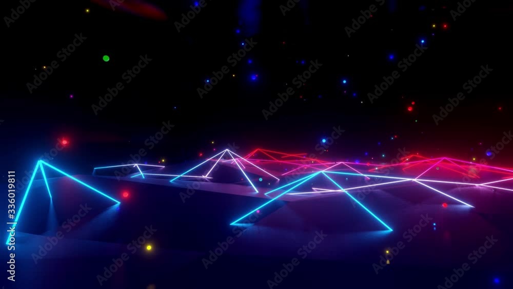 Poster neon linear lamps with a gradient glow of red-blue color over a low poly surface onto which luminous