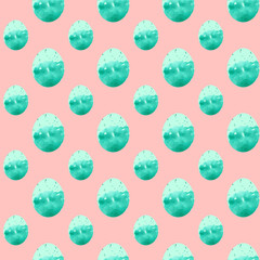 Emerald with mint topEaster egg seamless pattern. Hand drawing watercolor sketch on pink background. Colorful illustration. Picture can be used in greeting cards, posters, flyers, banners, logo