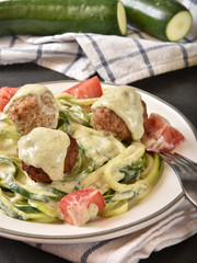 Zucchini pasta with meatballs