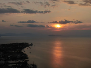 Beautiful aerial view of the city of Puntarenas and the Paseo de los turistas at the sunset in Costa Rica