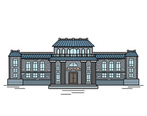 Contour color illustration of the facade of the museum building. Historic building with columns. Vector colorful outline object for illustrations, brochures and your design.