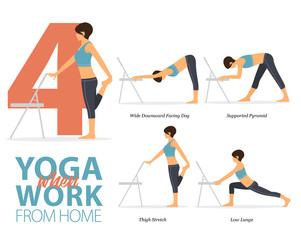 Infographic of 4 Yoga poses for office syndrome when work from home in flat design. Beauty woman is doing exercise for strength on office chair. Set of yoga postures infographic . Vector Illustration.