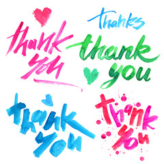 Thank you calligraphy blots brush watercolor lettering hand writing isolated multicolored bright spot word heart