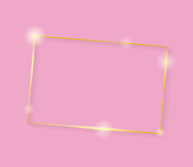 Gold shiny glowing vintage frame with shadows isolated on pink background. Golden luxury realistic rectangle border. Vector
