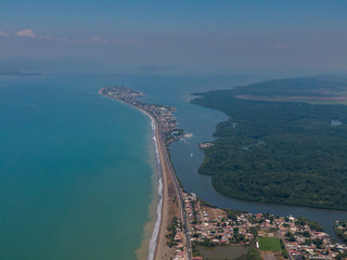 Beautiful aerial view of the city of Puntarenas and the Paseo de los turistas at the sunset in Costa Rica