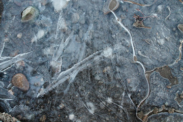 The first thin crust of ice on a puddle, transparent and tender. Pebbles can be seen through the crust of ice. Under the first crust of ice on a puddle, pebbles are visible.