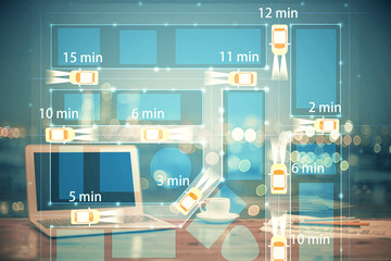 Desktop computer background in office with automobile hologram drawing. Multi exposure. Tech concept.