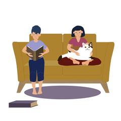 Children with pets spending time at home, boy reading book and girl sitting on sofa with cat flat vector illustration.
