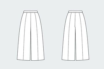 Trousers vector template isolated on a grey background. Female model. Front and back view. Outline fashion technical sketch of clothes model.