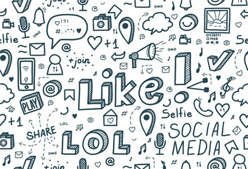 Social media seamless pattern. Hand drawn doodle design. Vector llustration.