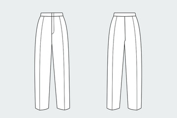 Trousers vector template isolated on a grey background. Female model. Front and back view. Outline fashion technical sketch of clothes model.