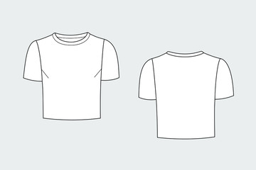 Female t-shirt vector template isolated on a grey background. Front and back view. Outline fashion technical sketch of clothes model.