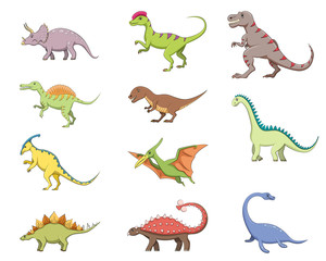 Set of colorful isolated dinosaurs. Vector illustration for kids book, app, advertisement design, label or sticker.