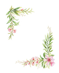 Fototapeta na wymiar Watercolor vector wreath of pink flowers and almond leaves.