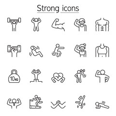 Strong, fit, exercise icons set in thin line style