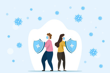 Obraz premium People with security shield and wearing medical face masks protection from coronavirus. Man and woman fighting Coronavirus cells. Concept of vaccine and stop COVID-19 pandemic. Vector illustration.