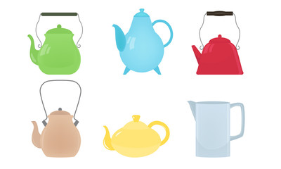 Different kinds of colorful kettles and teapots vector illustration