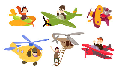 Happy people and animals pilots riding small planes and helicopters over white background