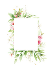 Watercolor vector frame of pink flowers and almond leaves.