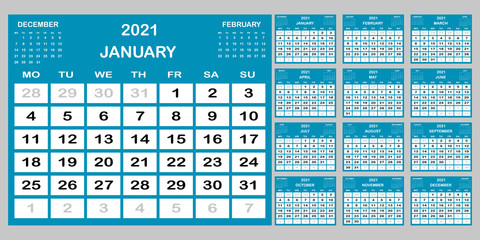 Calendar 2021 yearly. Week starts on Monday. Vector illustration.