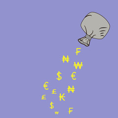 The picture on which from the bag pour money, different countries, dollars, euros, hryvnia. Picture for business, project, presentation. bank