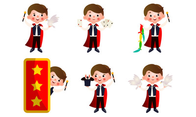 Young man magician with magic objects making miracles vector illustration