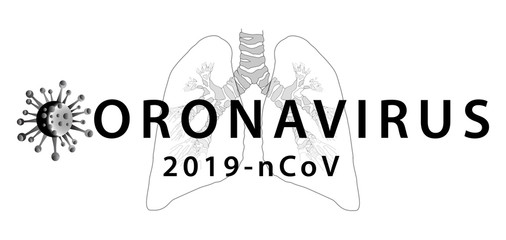 Banner with the inscription coronavirus and stylized molecule covid-2019. Image on a white background and a picture of the lungs in the background.