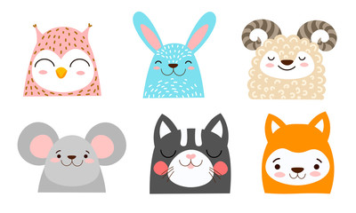 Faces of different funny cute farm and wild animals and birds vector illustration