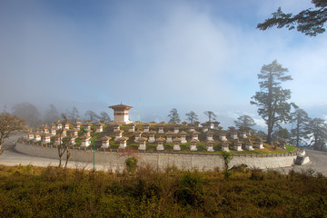108 chirtens or Buddhist stupas at Dorchula, Bhutan
